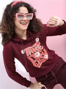 Tokyo Talkies Women Burgundy Printed Hooded Sweatshirt