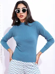 Tokyo Talkies Women Blue Solid High Neck Pullover