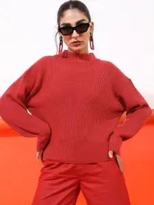 Tokyo Talkies Women Red Ribbed Pullover Sweater