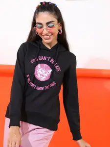 Tokyo Talkies Women Black Printed Hooded Long Sleeve Sweatshirt