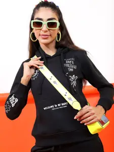Tokyo Talkies Women Black Printed Hooded Sweatshirt