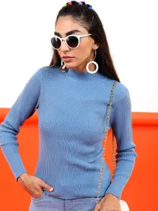 Tokyo Talkies Women Blue Ribbed Pullover Sweater
