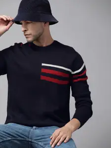 The Roadster Lifestyle Co. Men Navy Blue Stripe Detailed Pullover