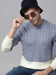 Roadster Men Blue & White Self Design Colourblocked Pullover