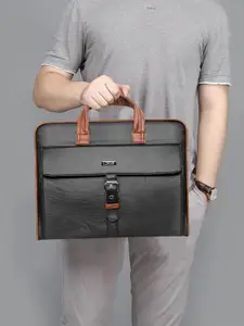 LOREM Unisex Black & Brown Textured Laptop Bag