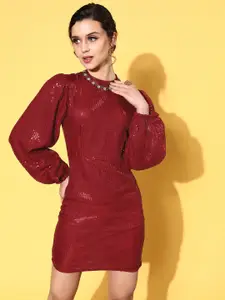 SASSAFRAS Women  Maroon Solid Shimmer & Sequin Dress