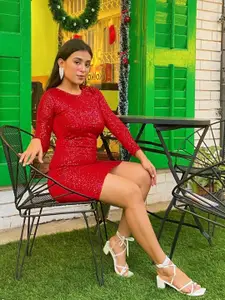 SASSAFRAS Women Gorgeous Red Solid Shimmer & Sequin Dress