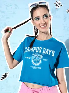 Harvard Women Happy Blue Printed Pure Cotton College cool Whipped Varsity Boxy T-shirt