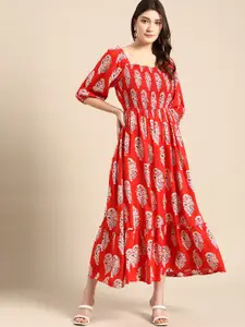 all about you Ethnic Motifs Print Smocked A-Line Midi Ethnic Dress