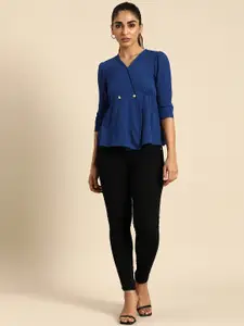 all about you V-Neck A-Line Solid Top With Gathers Detailing