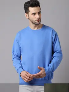VIMAL JONNEY Men Pack of 2  Blue & Olive Solid Round Neck Fleece Sweatshirt