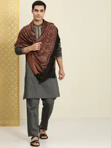 House of Pataudi Men Embroidered Pure Cotton Kurta with Trousers & Shawl