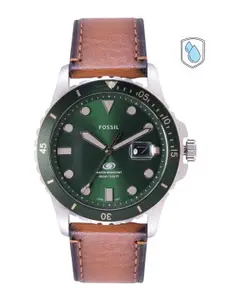 Fossil Men Green Dial & Brown Leather Straps Analogue Watch FS5946