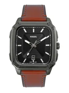 Fossil Men Black Patterned Dial & Brown Leather Straps Inscription Analogue Watch FS5934