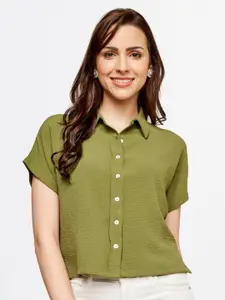AND Olive Green Shirt Style Crop Top