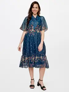 AND Blue Floral Tie-Up Neck Shirt Midi Dress