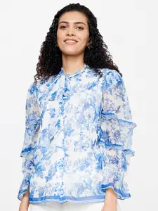 AND Women Blue & White Floral Print Mandarin Collar Shirt Style Top