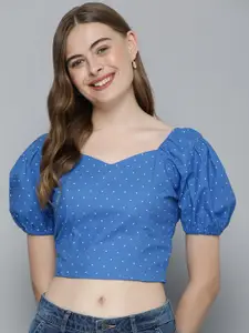 Mast & Harbour Pure Cotton Polka Dot Print Sweetheart Neck Puff Sleeve Crop Top