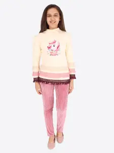 CUTECUMBER Girls Cream-Coloured & Pink Embellished Top with Trousers Set