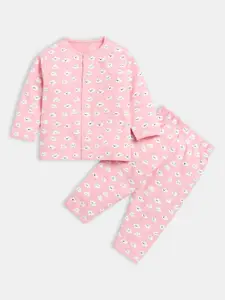 Hopscotch Hopscotch Girls Pink & White Printed Pure Cotton Night suit