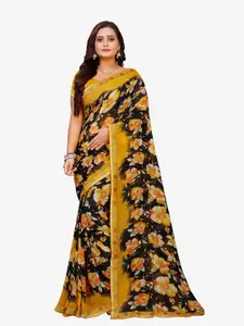 Indian Fashionista Black & Mustard Floral Phulkari Pure Georgette Chanderi Saree