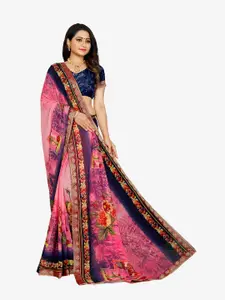 Indian Fashionista Indian Fashionista Pink & Navy Blue Floral Pure Georgette Ready to Wear Chanderi Saree