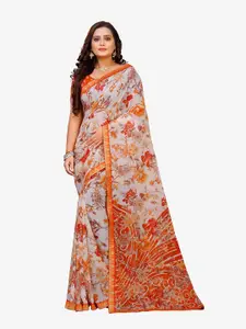 Indian Fashionista Orange & White Floral Phulkari Pure Georgette Ready to Wear Chanderi Saree