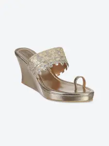 Biba Women Gold-Toned Embellished PU Wedge Heels