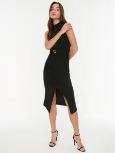 Trendyol Black Solid Front Cut Bodycon Ruched Dress with Belt