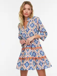 Trendyol Blue & White Ethnic Motifs Pure Cotton A-Line Dress