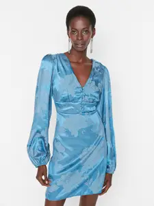 Trendyol Women Blue Floral V-Neck  Dress