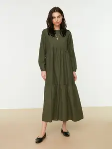 Trendyol Khaki Solid Cuffed Sleeve A-Line Midi Dress