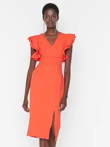 Trendyol Women Coral Flutter Sleeves Bodycon Dress