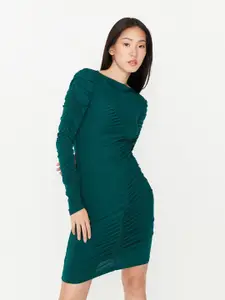 Trendyol Women Green Ruched Long Sleeves Mini Sheath Dress