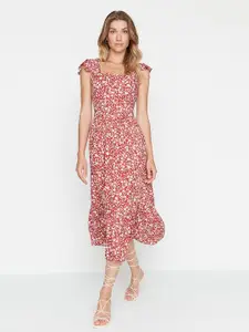 Trendyol Pink & White Floral A-Line Midi Dress
