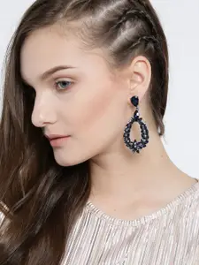 YouBella Navy Blue & Silver-Toned Stone-Studded Drop Earrings