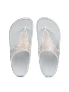 ABROS Women White & Gold Self Design Thong Flip-Flops