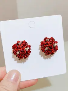 YouBella Red Gold-Plated Floral Studs