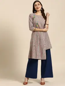 Sangria Red & Charcoal Grey Striped Asymmetric Hem Kurta