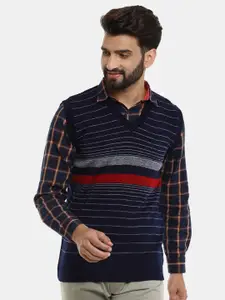 V-Mart Men Navy Blue Striped Cotton Sweater Vest