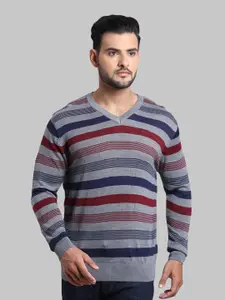 ColorPlus Men Plus size Grey & Maroon Striped Pullover