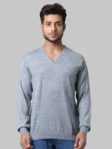Park Avenue Men Grey Solid V-Neck Wool Pullover
