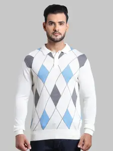 ColorPlus Men White & Blue Printed Pullover Sweater