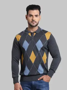 ColorPlus Men Grey & Yellow Wool Geometric Printed Collared Pullover Sweater