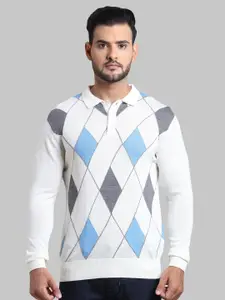 ColorPlus Men White & Grey Plus Size Wool Printed Pullover Sweater