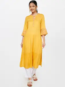 Global Desi Women Mustard Yellow Embroidered Keyhole Neck Bell Sleeves Thread Work Kurta