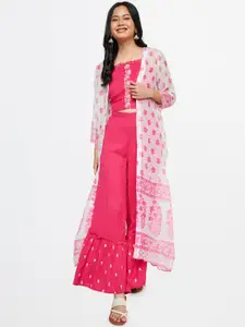 Global Desi Women Pink Ethnic Motifs Embroidered Thread Work Top with Palazzos