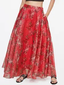 Global Desi Women Pink Floral Flared Maxi Skirts
