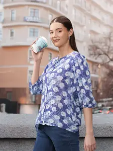 Global Desi Blue Floral Printed Three Quarter Sleeves Top