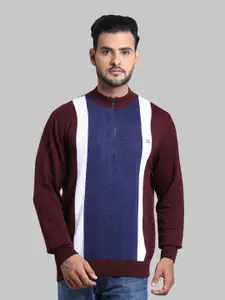 ColorPlus Men Maroon & Navy Blue Colourblocked Pullover with Zip Detail